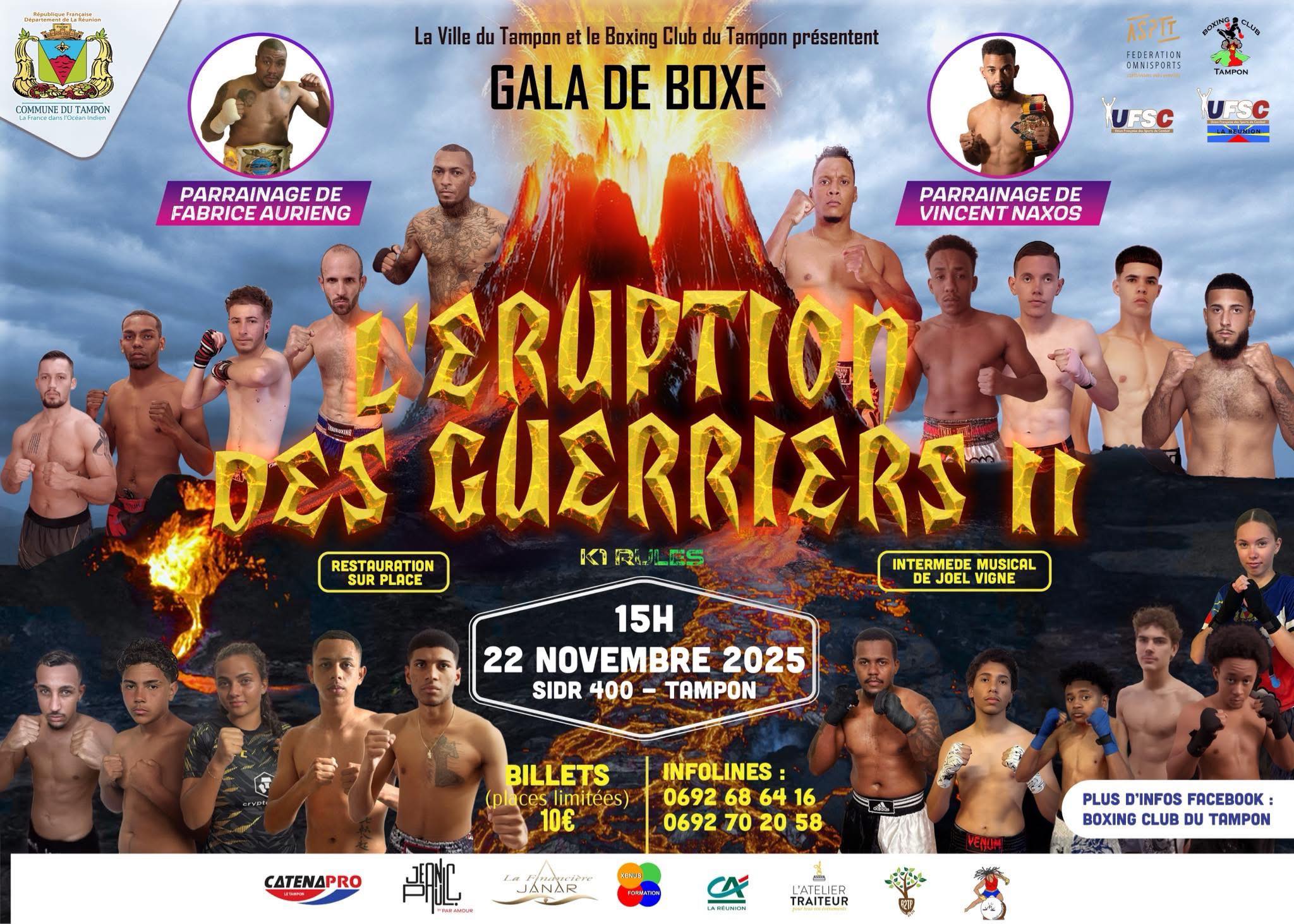 Affiche officielle du gala de kick-boxing L’Éruption des Guerriers II au Tampon
